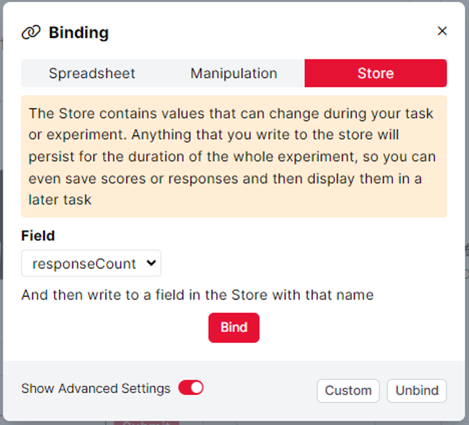 A screenshot of the advanced binding window configured so that Gorilla looks in the responseCount field and then saves the response to a field with this name.
