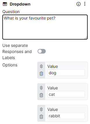 Screenshot of a Dropdown editor UI with the Question text being edited