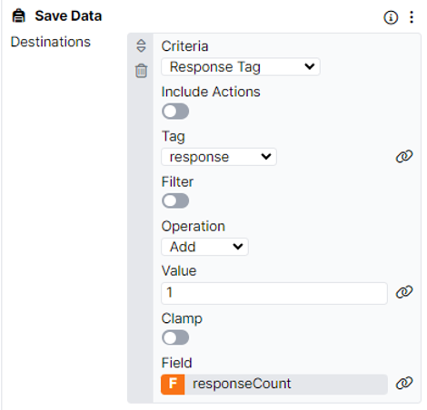 A screenshot of the Save Data component, configured so that each time the Response Tag 'response' is received, a value of 1 is added to the responseCount field in the Store.