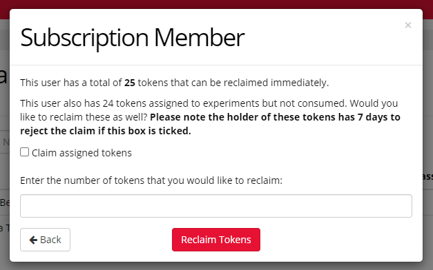 Screenshot of subscription member pop-up window, where the subscription manager can reclaim assigned and On Account tokens.