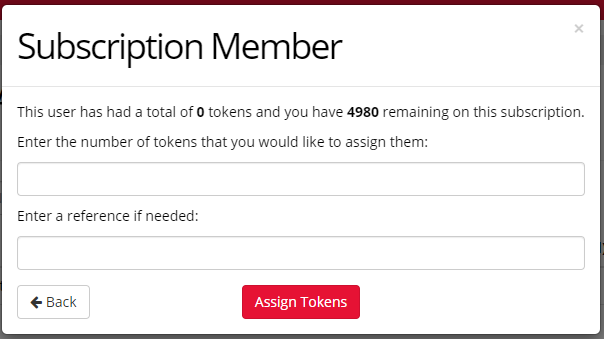 Screenshot of the Assign Tokens window, showing text boxes for number of tokens and reference, and the Assign Tokens button
