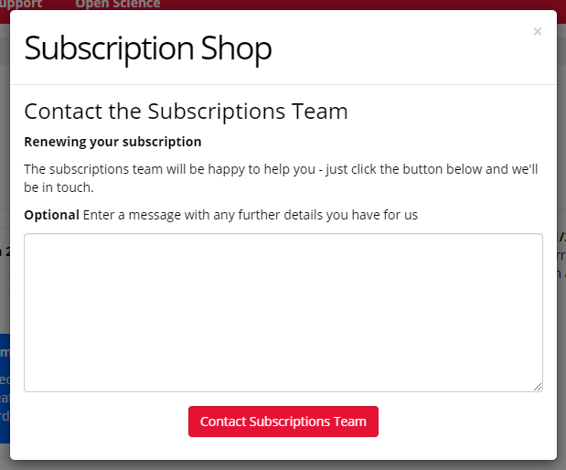 A screenshot of the Contact Subscriptions Team window when the 'renew now' button is clicked.