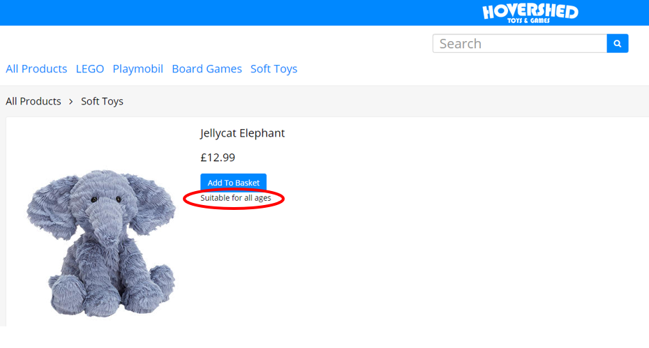 The product page of the Jellycat Elephant soft toy. The product description is below the button and states 'Suitable for all ages'. The description is circled in red.