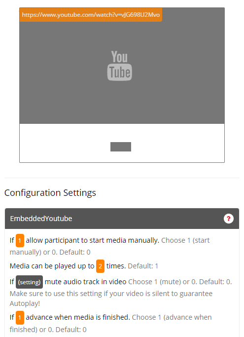 Screenshot of the Embedded YouTube Zone and configuration settings in the Task Builder