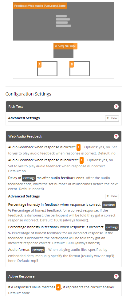 Screenshot of the Feedback Web Audio (Accuracy) Zone and configuration settings in the Task Builder
