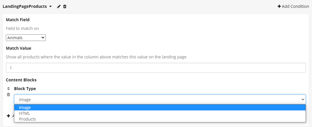 An image showing the Landing Page Products settings in Shop Builder