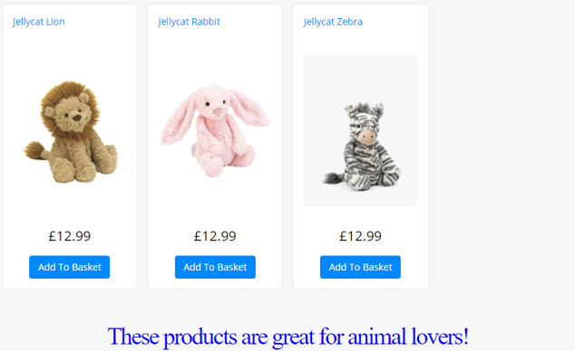 A preview of the landing page of the shop. This uses HTML formatted text stating 'These products are great for animal lovers!' 