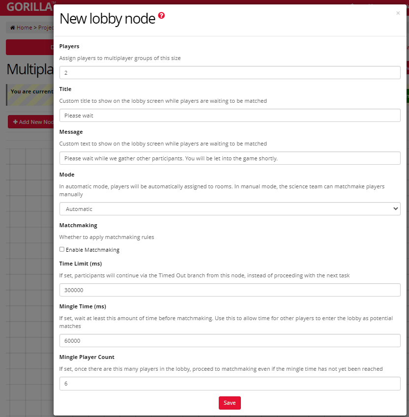 Image showing the configuration settings for the lobby node with example settings filled in