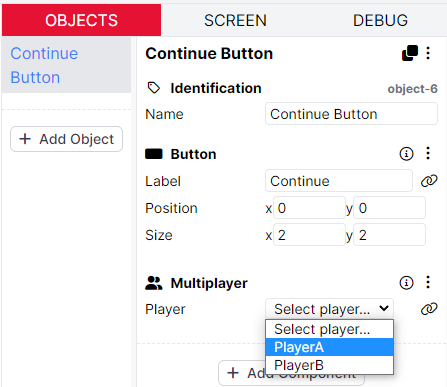 Image showing a Continue Button with a Multiplayer component. In the Player setting, Player A is selected
