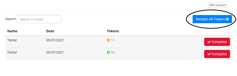 Requests tab of subscription, with Reclaim All Tokens button at top right circled