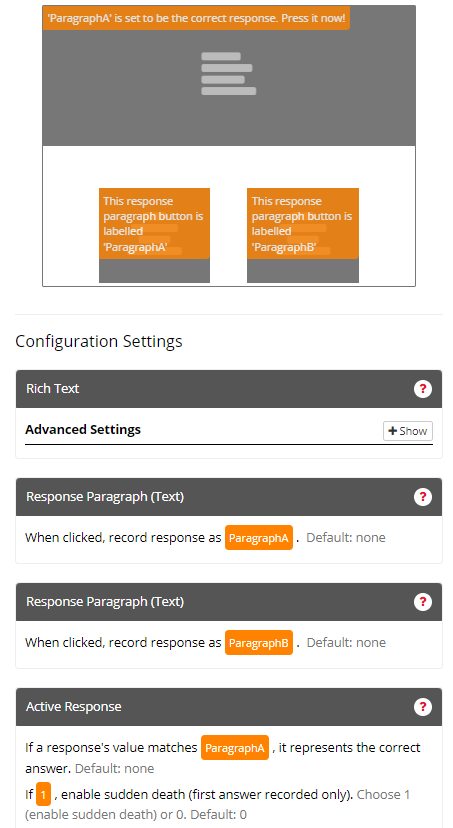 Screenshot of the Response Text Paragraph Zone and configuration settings in the Task Builder