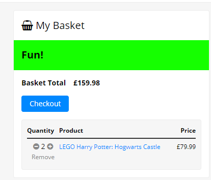 A 'Fun!' basket rating in Shop Builder shows a green banner