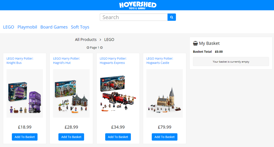 A preview of Harry Potter products in the shop, ordered by ascending price