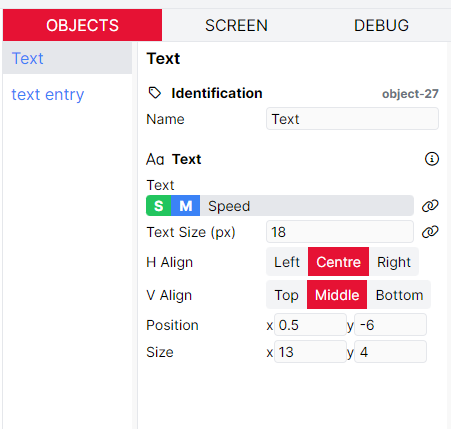 A screenshot of the Text component bound to the spreadsheet manipulation called Speed.