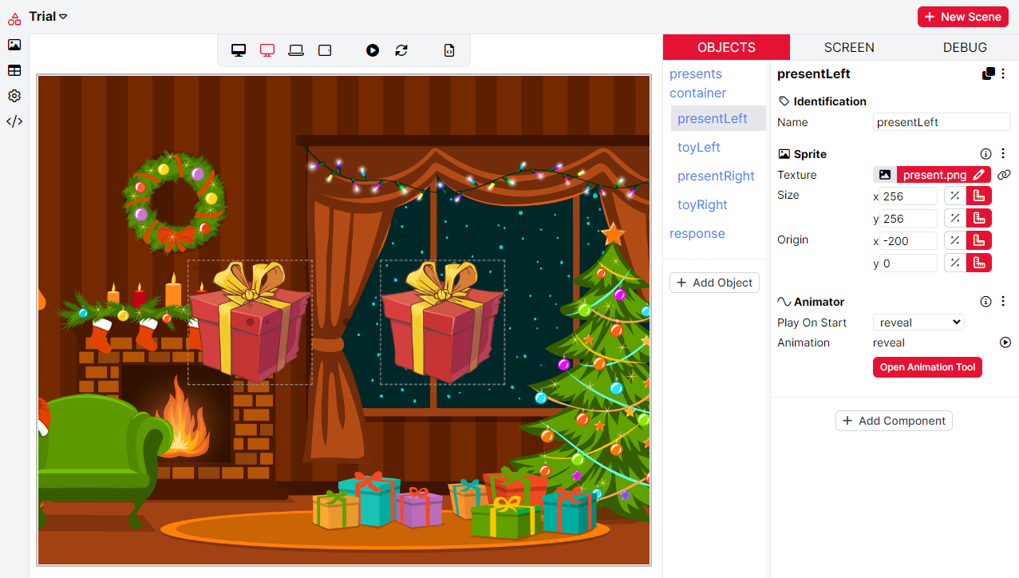 A screenshot of a Christmas Same / Different game, with two present images on the Scene. The left present is selected in the Objects list, and the configuration settings and Animator component are shown in the Objects Tab on the right of the screen.