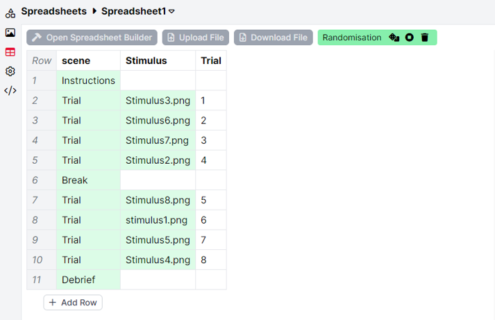 A screenshot of the spreadsheet within the Game Builder. The randomisation preview shows randomised content within the Stimulus column.