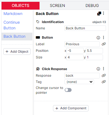 A screenshot of the Back Button object in the Task.