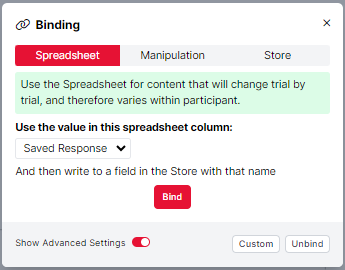 A screenshot of the Binding Modal pop-up window where the Advanced Settings have been toggled on.