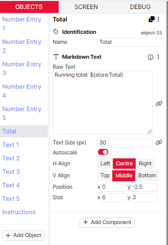 A screenshot of the Markdown Text component showing the syntax ${store:Total}.