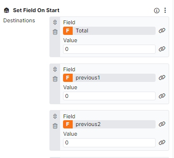 A screenshot of the Set Field on Start component in the screen tab of the task, setting Fields Total, previous1 and previous2 to 0.
