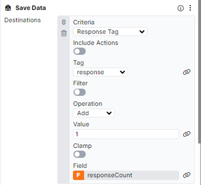 A screenshot of the first criteria in the Save Data component, where a value of 1 is added to the responseCount field each time the 'response' tag is received.