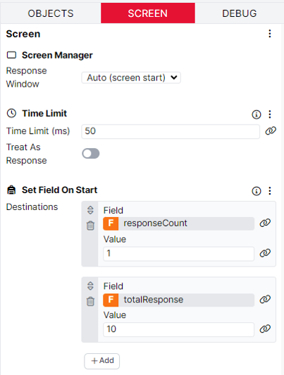 A screenshot of the screen tab in the prep display. The Time Limit and Set Field on Start components have been added and confgured as described.
