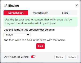 A screenshot of the Binding window with 'image' selected in the Spreadsheet dropdown and Advanced Settings toggled on.