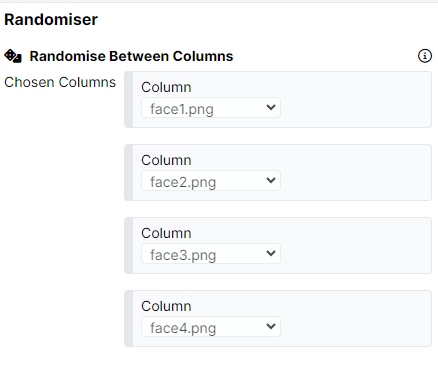 A screenshot of Randomise Between Columns component with columns face1.png, face2.png, face3.png, and face4.png selected