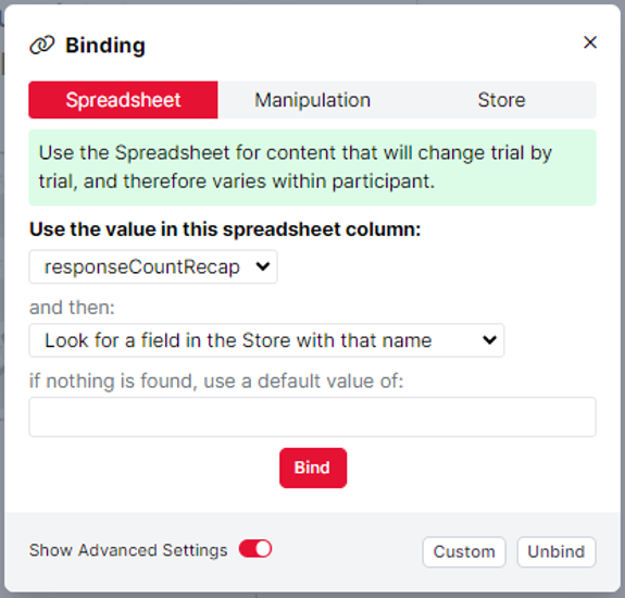 A screenshot of the advanced binding modal of the Text component.