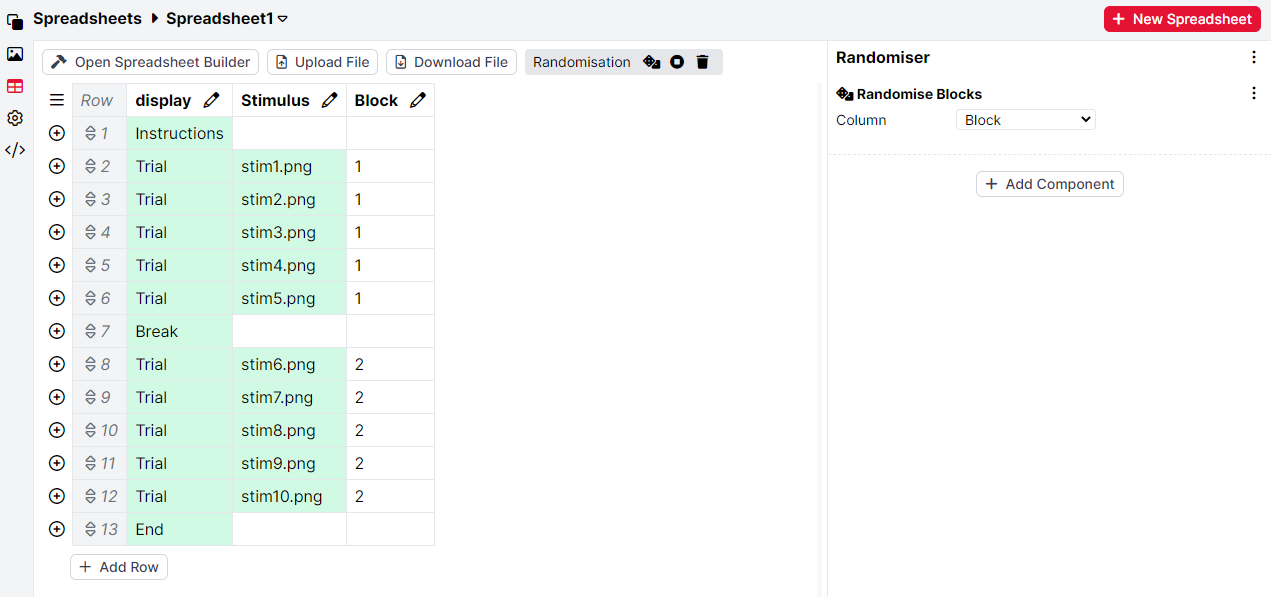 Screenshot of the Randomiser panel with 'Randomise Block' component. 'Block' is selected in the Column dropdown