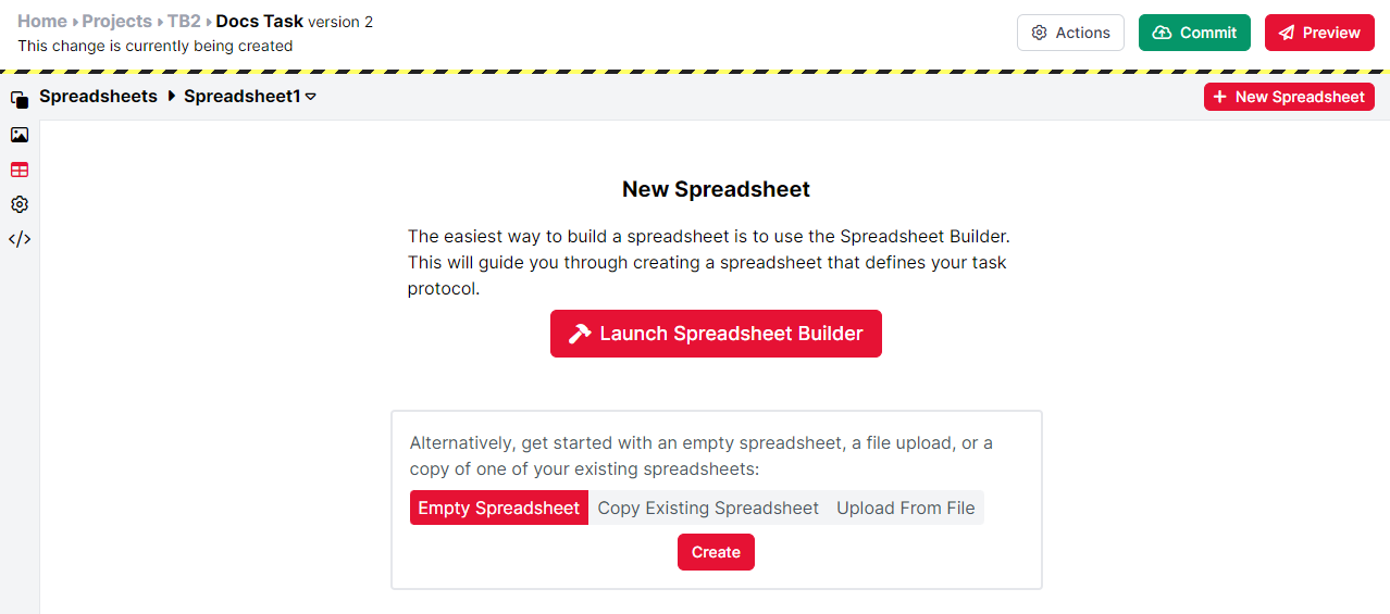 Screenshot of the New Spreadsheet display in the Spreadsheets tab in Task Builder 2